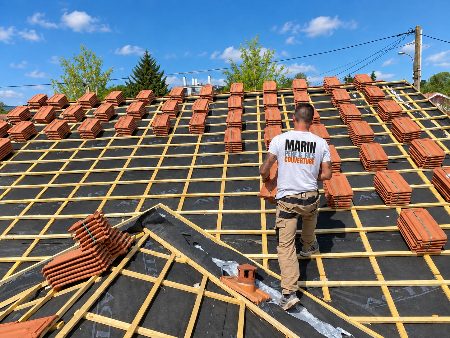 Couvreur Marin Père et fils posant des tuiles sur une toiture en rénovation